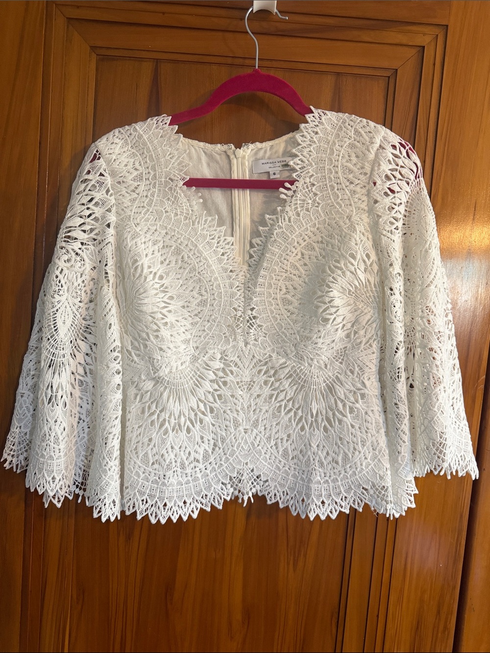 Marissa Webb Ivory Crochet Lace V-Neck Bell Sleeve Blouse